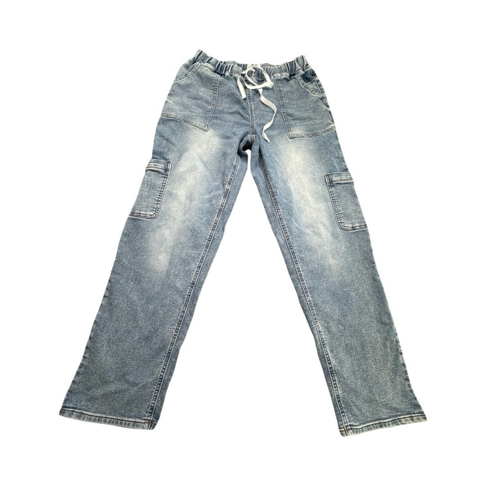 SO Cargo Pants Womens Medium Blue Light Wash Denim Joggers Elastic Waist Utility